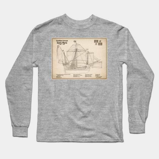 Santa Maria ship - Christopher Columbus Carrack Nau 15th century - SD Long Sleeve T-Shirt by SPJE Illustration Photography